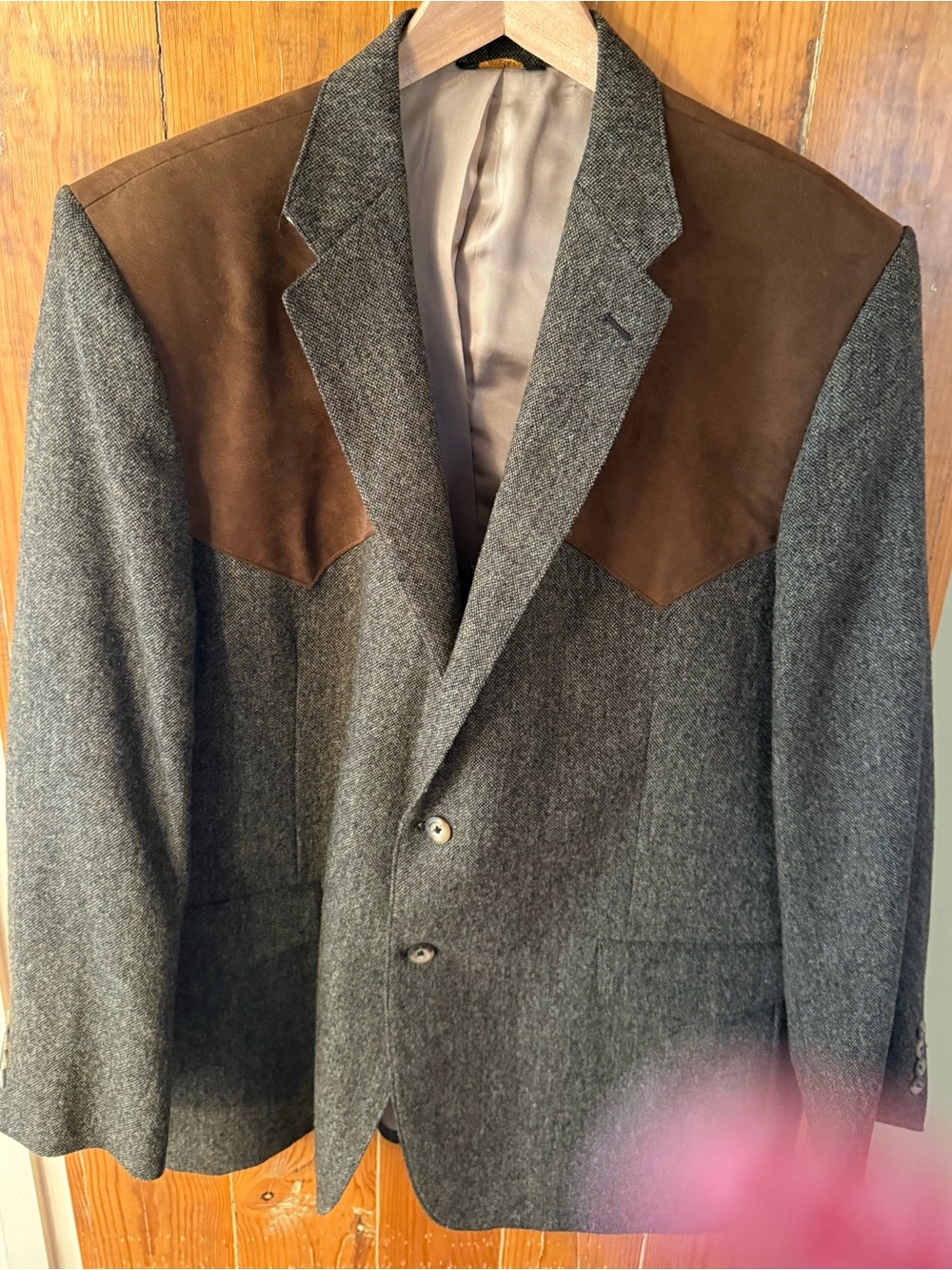 Men's Gray Wool-Blend Blazer with Brown Suede Yoke